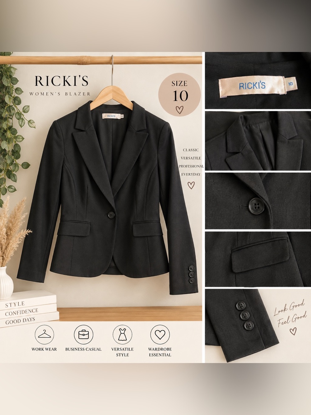 Ricki’s Women’s Black Classic Blazer Size 10 – Business Casual Workwear